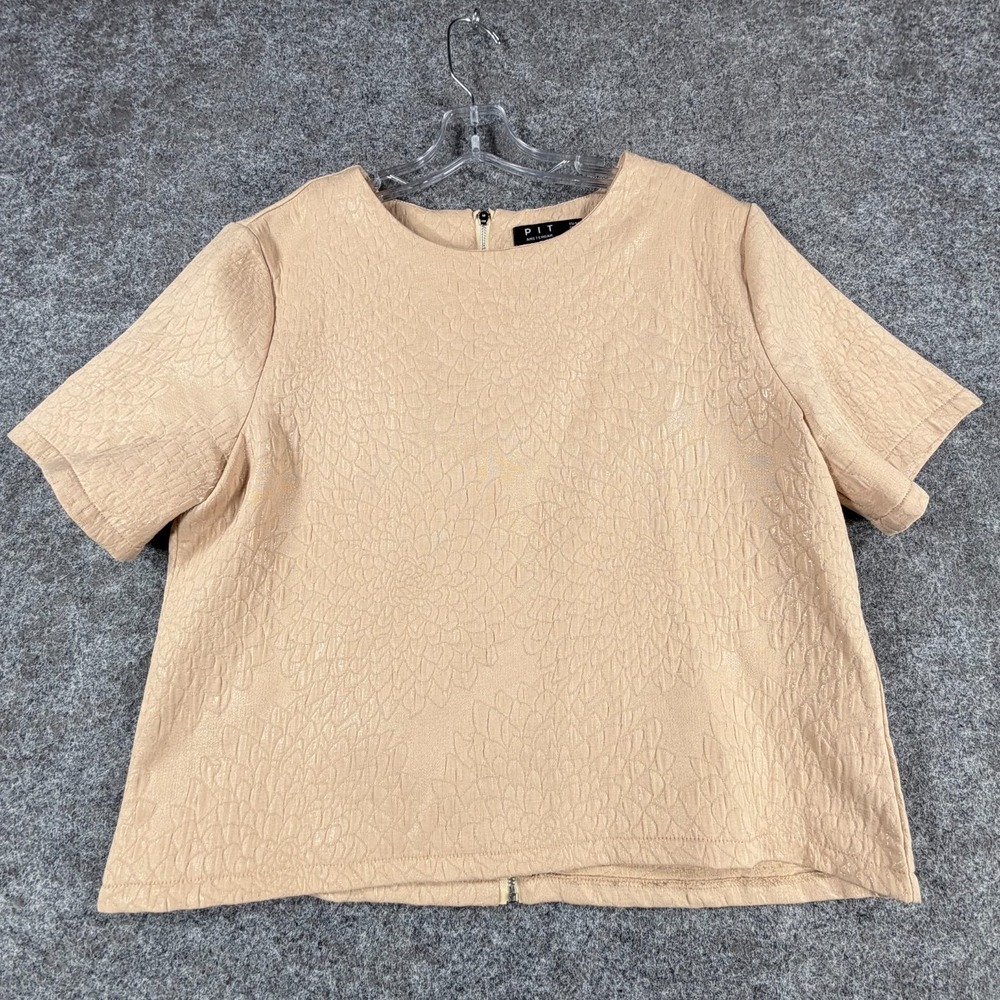 PIT Amsterdam Blouse Top Womens 8 Beige Jacquard Short Sleeve Crew Neck Back Zip